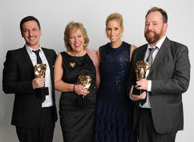 Presenter Stacey Solomon with the winning Gumball team Ben Bocquelet, Joanna Beresford and Mic Graves. This is Gumball's second BAFTA win of the night.