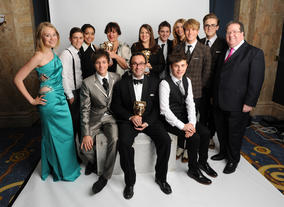 Presenters Dougie Poynter and Tom Fletcher (McFly) with the winning Friday Download team, including Jeremy Salsby, Melony Smith and Fiona Walmsley.