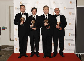 Wallander creators Richard Cottan, Kenneth Branagh, Philip Martin, Francis Hopkinson celebrate their Drama Series win (BAFTA / Richard Kendal).
