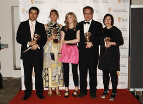 Hettie MacDonald, Abi Morgan,  Andrew Woodhead, Greg Brenman and actress Holly Kenny celebrate winning the Single Drama BAFTA for White Girl (BAFTA / Richard Kendal). 