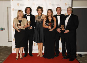 The Dispatches team responsible for Saving Africa's Witch Children celebrate winning the Current Affairs Award with citation reader Kate Silverton (BAFTA / Richard Kendal)