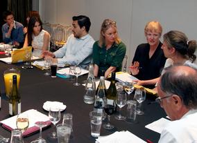 From left to right: Eddie Redmayne, Jo Twist, Felicity Jones, Georg Backer, Karen Lindsay Stewart, Philippa Lowthorpe, Jacqueline Durran and John WIllis