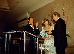 Roger Moore, HRH Princess Alexandra, and Michael Caine