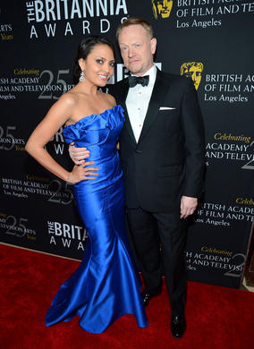 Mad Men's Jared Harris and actress Allegra Riggio strike a pose.