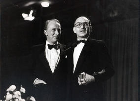 Actor Ian Richardson presents Ben Kingsley with his BAFTA for Best Actor for Gandhi in 1983.  