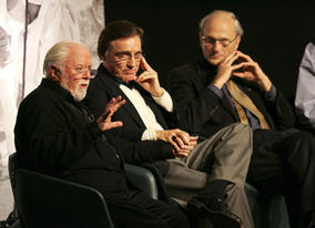 Director/Producer Richard Attenborough on stage at Reunions: Gandhi, 25 years on, with the film's writer John Briley and editor John Bloom.