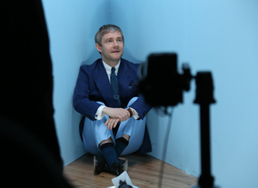 The Sherlock star takes a well-deserved break to chat with the crew.