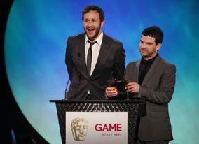 Sports Interactive managing director Miles Jacobson and Chris O'Dowd of hit comedy show 'The IT Crowd' introduce the category of Use of Online (BAFTA/Brian Ritchie)