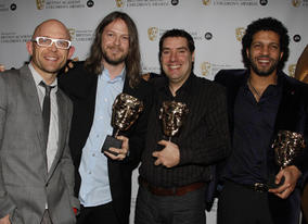 Winners of the Video Game award for 'LittleBigPlanet' with citation reader, Jason Bradbury.