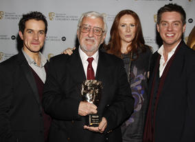 Bernard Cribbins, recipient of the BAFTA Special Award with citation reader Catherine Tate and presenters Dick and Dom.
