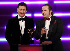 Watchdog’s Matt Allwright and games designer Jon Hare (Sensible Soccer) present the award for Use of Audio. (Pic: BAFTA/Brian Ritchie)