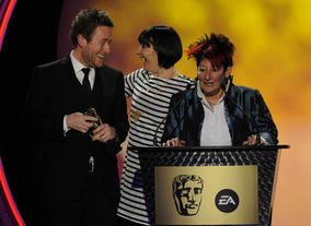 David Scanlon, Sarah Fell and Jackie Cockle accept the BAFTA for their heartwarming and characterful comedy Timmy Time. Pic: BAFTA/Steve Finn