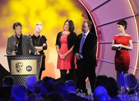 Allan Johnston, Helen O'Connell, Anna Perowne and Something Special presenter Justin Fletcher, the team behind the informative and engaging Something Special. Pic: BAFTA/Steve Finn