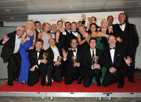 Mrs Brown's Boys wins the BAFTA for Situation Comedy. The team behind the show celebrate their win alongside award presenters Philip Glenister and Robert Glenister.