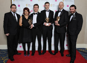 The Pickford Brothers (l + r) with Roberta Lucca, Henrique Olifiers, Ric Moore and Mike Bithell of Bossa Studios. The jury praised the “highly innovative game which combines tower defence mechanics with social gaming to create interesting challenges.”