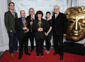 Presenters Oliver Chris (l) and Jemima Rooper with Paul Seed, John Chapman, Simon Nye and Just William's leading man, Daniel Roche.
