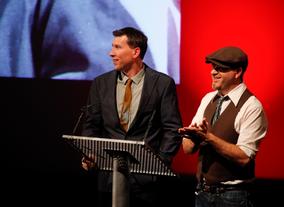 Seamus Walsh and Mark Caballero on stage at the Harryhausen tribute at the BFI (BAFTA/Brian J Ritchie).