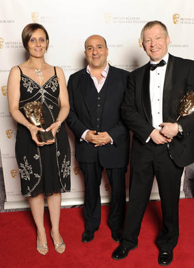 George Foulgham and Lisa Marie McStay, winners of the Sound Factual BAFTA for Trawlermen with comedian Omid Djalili