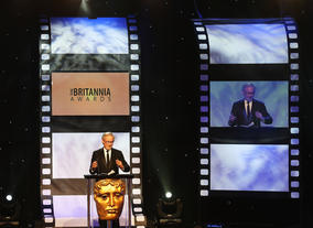 Steven Spielberg presented Daniel Day-Lewis with the Stanley Kubrick Britannia Award for Excellence in Film.