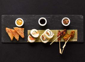 Sushi Rolls, Prawn Toasts and Satay Skewers