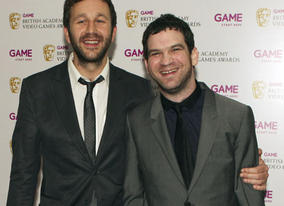Chris O'Dowd and Miles Jacobson backstage after presenting the Use of Online BAFTA to FIFA 10.