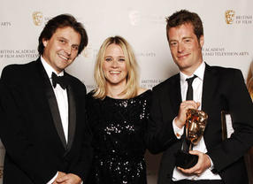 Director / producer Daniel Vernon (on the right) celebrates his Break-through Talent award with BBC radio presenter Edith Bowman and award sponsor from The Farm (BAFTA / Richard Kendal).