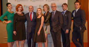 Group Shot of the cast of Mad Men with creator Matthew Weiner at the BAFTA New YOrk celebration of season six at the Harvard Club of New York, April 22, 2013