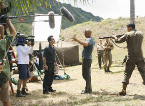 Terry O'Quinn and Nestor Carbonell shooting a scene for Lost.