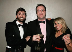 Russell T Davies (centre) with Dr Who stars David Tennant and Billie Piper backstage at the Television Awards in 2006, when Davies received the Dennis Potter Award