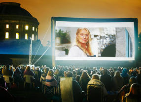 a picture of meryl streep in mamma mia during a stately home screening