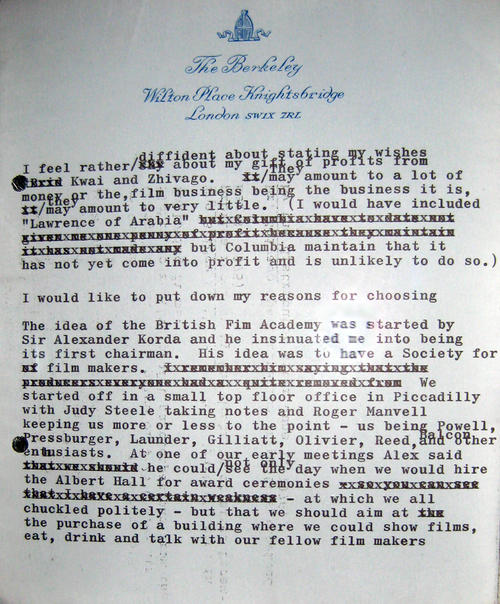 David Lean's letter to Academy. Archive: Scans - David Lean's letter to Academy