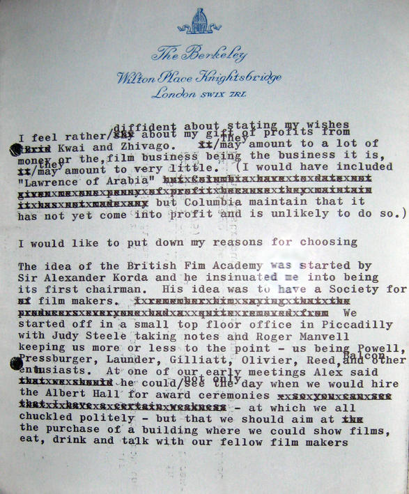 David Lean's letter to Academy. Archive: Scans - David Lean's letter to Academy