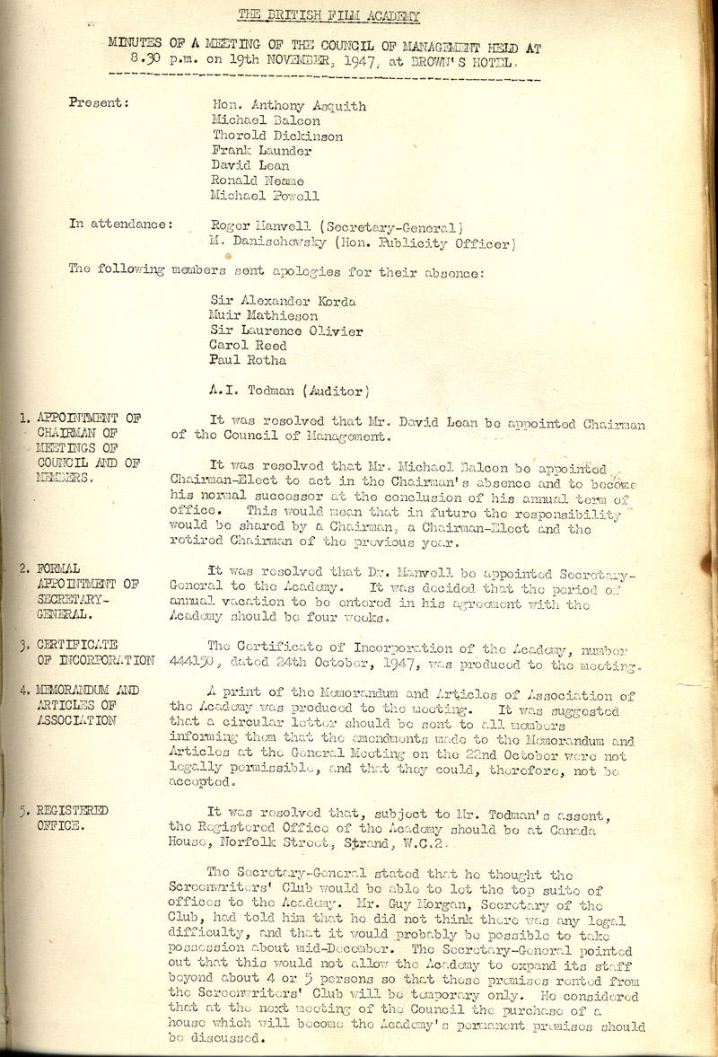 Minutes from the fisrt British Acdemy Film Academy Meeting, 19 Novemebr 1947 Archive: Minutes1