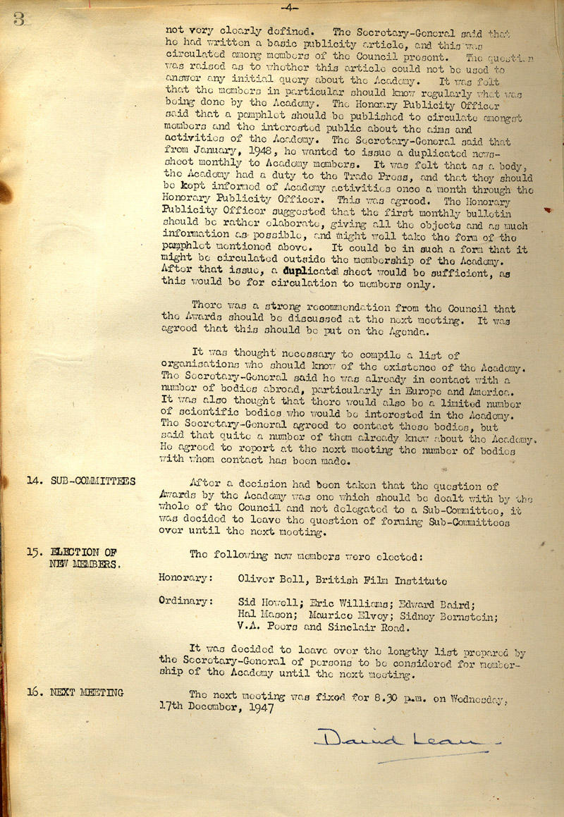 Minutes from the first British Acdemy Film Academy Meeting, 19 Novemebr 1947 Archive: meeting minutes, p6